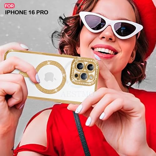 Image of AESTMO Back Cover for iPhone 16 Pro Compatible with MagSafe | Diamond Glitter Case | Luxury Bling Rhinestone Soft Clear TPU Bumper | Camera Lens Protection Cover for iPhone 16 Pro (Gold)