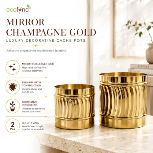 Image of ecofynd 2 Pack Metal Plant Pots (6 inch, 7 inch L), Indoor Small Planter Flower Pots, Home Garden Decor Planter for Living Room Bedroom Interior (Gold Finish, POT050)