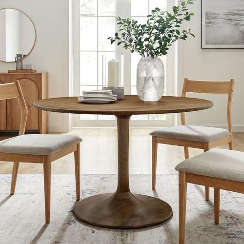 Image of Modway Lippa 48 Inch Round Wood Dining Table in Natural - Solid Mango Wood Tabletop with Pedestal Base - Mid Century Modern Dining Room Furniture - Kitchen Table for 4-6 Person