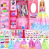150 Pcs Doll Clothes and Accessories Playset with Dolls for Girls, Princess Gowns, Fashion Dresses, Swimsuits, Tops, Pants, Shoes, Bags Jewelrys in Closet for Doll Dress Up Fit for 11.5' Dolls