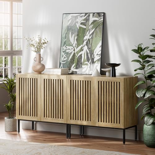 BVIUNTWO Buffet Cabinet with Storage,Set of 2 Farmhouse Console Table with Metal Base and Adjustable Shelf,Sideboard Coffee Bar Cabinet with 4 Doors for Kitchen,Dining Room,Living Room,Oak