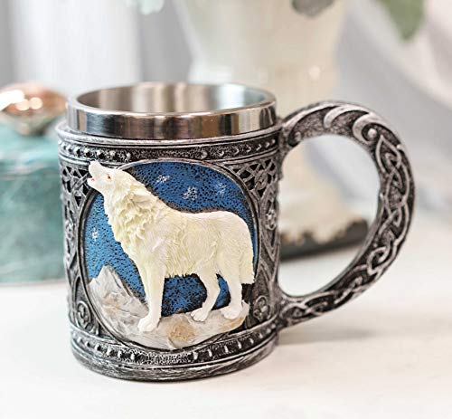 Ebros Gift Celtic Magic Knotwork Direwolf White Snow Wolf Howling By Mountain Starry Night Sky Beverage Drinkware Serveware With Stainless Steel Cup Liner Figurine (Wine Goblet And Coffee Mug Set)