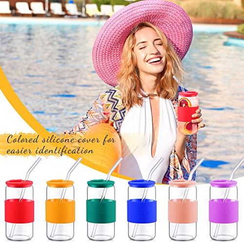 Didaey 6 Pcs 16 Oz Glass Cups With Silicone Lids Straws Reusable Boba Cup Clear Drinking Glasses With Colorful Silicone Sleeve Can Shaped Iced Coffee Tumbler Travel Smoothie Tumbler For Beer Cocktail #TOP2
