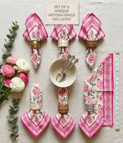 Image of BLOCKS OF INDIA Hand Block Print Cotton Table Napkin Set of 6 (Pink JAAL)