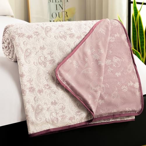 Image of Story@Home Dohar Single Bed Cotton 100% | 150GSM 225 x240 cm Quilt AC Blanket for Summer | AC Comforter Double Bed | White & Purple Motif Reversible Design Duvet | All-Season Blanket