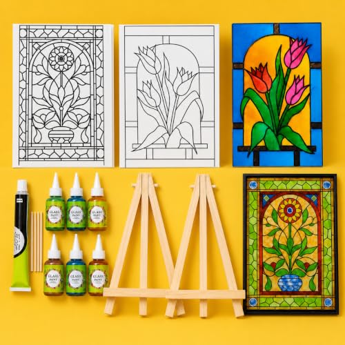 Image of The brown box Glass Painting Kit for Adults & Teens | DIY Stained Glass Art Craft Kit with 2 Printed Designs, Fevicryl Glass Colours, Easel Stand & Tools | Home Decor, Hobby Art, Gift Set