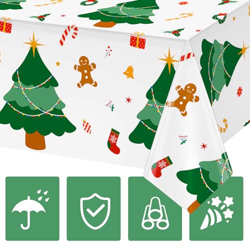 Image of Hxezoc Disposable Plastic Christmas Tree Tablecloth, 54 x 108 Inches Christmas Party Table Cover for Xmas Winter Holiday New Year Home Dinner Decorations