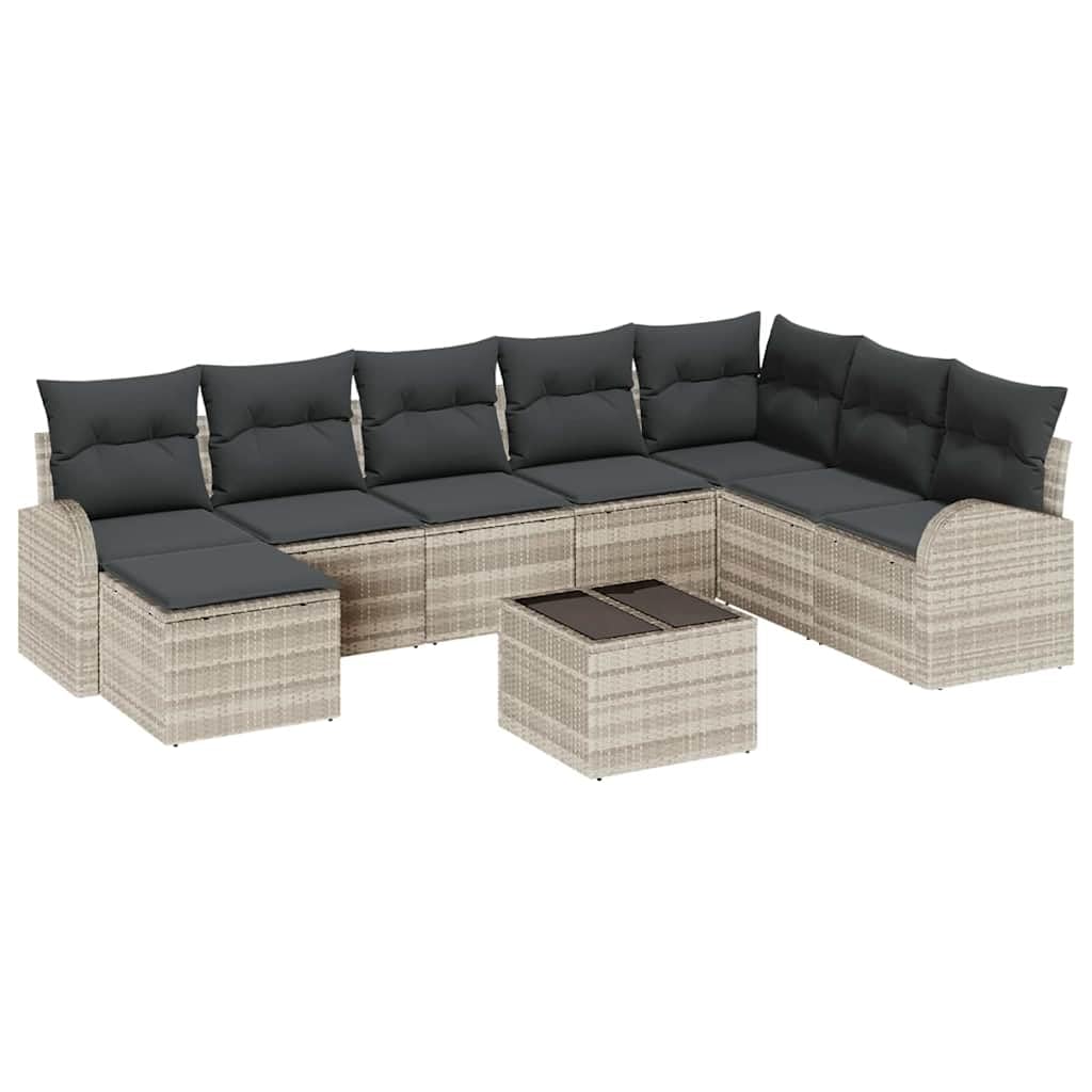 Set lounge 9 pezzi in polyrattan grigio chiaro, divano da giardino modulare con cuscini e braccioli, telaio in acciaio verniciato a polvere, design moderno, flessibile