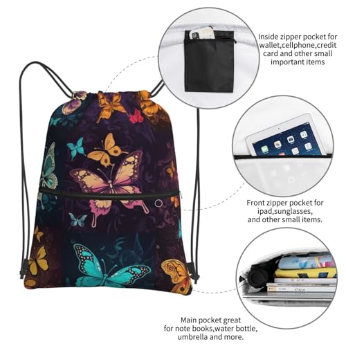 Drawstring Backpack Water Resistant String Bag Color butterfly pattern Sports Sackpack Gym Sack for Men Women4