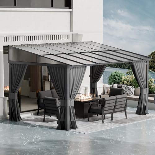 ASJMR 10x14FT Wall Mounted Gazebo Hardtop,Outdoor Wall-Mounted Patio Pergola Metal Frame Double Curtains Gazebo with Sloping Sun Panel Roof for Patio,Garden,Lawn,Pool,Backyard Deck, Sand