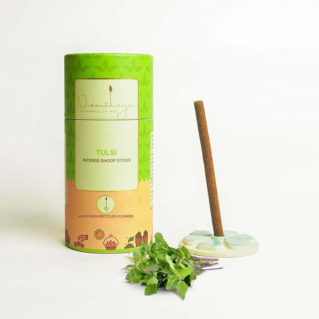 Nirmalaya PremiumTulsi Bamboo-Less Dhoop Sticks | 100% Natural Organic | 40 Sticks with Ceramic Stand | Long-Lasting and Soothing fragrances for Pooja, Meditation, Yoga and Aromatherapy
