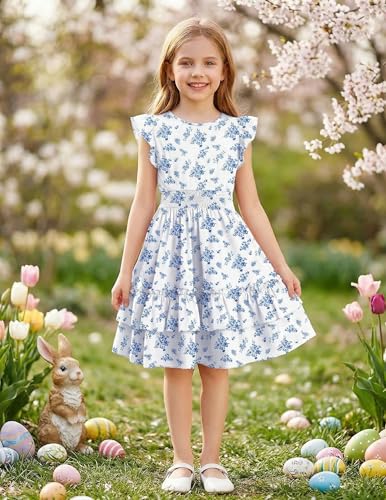 Image of Arshiner Girls Dresses Flutter Sleeve A-Line Sundress Casual Summer Tiered Swing Midi Pocket Dress