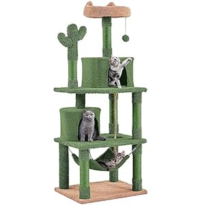 Yaheetech Arbre à Chat Cactus 158,5 cm de Haut Tour de Jeux Multiniveau en Tissu Moppy avec Hamac Poteaux en Sisal Cachettes Perchoir Jouet Maison Vert et Brun