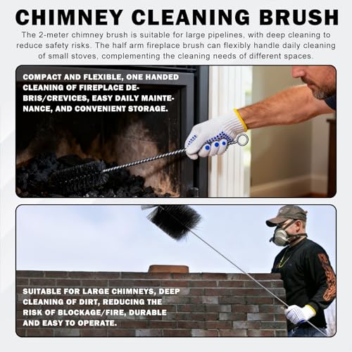 Reinigungsbürste Set mit 2m Ofenrohrbürste + Stahlborsten + Griffhandschuhe, Schornsteinfeger Bürste Kaminbesen Rohrbürste Rohrreinigungsbürste Set für Schornstein Ofenrohr Kamin Rauchfang Heizkessel