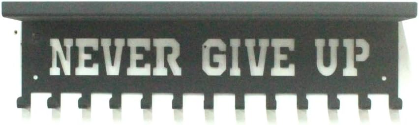 Never Give Up Sports Awards Medal Hanger Display, 3" Trophy Shelf Medal Holder with Hooks, Easy Install Wall Shelf and Ribbon Holder Wall Shelf (Black)