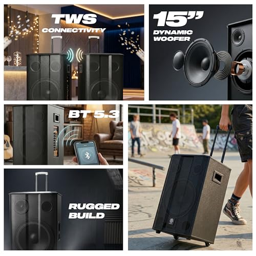 Image of DIGIMORE 320W Trolley Speaker w / 2 Wireless Mics | 15 inch BoomBass Woofer, AI Sound Boost, BT 5.3, 10H Battery, Reverb & Echo Effects | Ideal for Karaoke, Parties & Outdoor Events (D-15W)