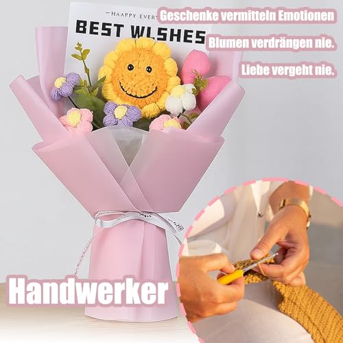 Gehäkelte Blumen, Häkelblumen Strauß, Gehäkelter Blumenstrauß Strauß Mit Lächelnden Sonnenblumen Und Rosa Schleife, Handgefertigter Blumenschmuck Für Jubiläen, Geburtstage Und Wohnaccessoires