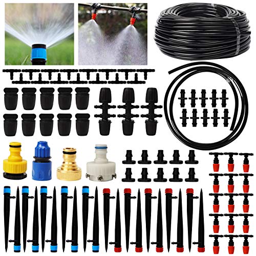 Lulu Home Irrigation System, 89 Pcs 138 FT Garden Irrigation System with Adjustable Nozzle Sprinkler Sprayer & Dripper Automatic Patio Plant Watering Kit Misting Cooling System for Greenhouse