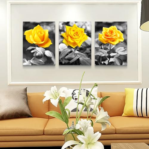 DZRWUBHS Canvas Wall Decoration For Living Room Framed Wall Art For Bedroom Black And White Prints Pictures Yellow Rose Flowers Paintings Artworks Modern Bathroom Kitchen office Walls Decor 3 Piece