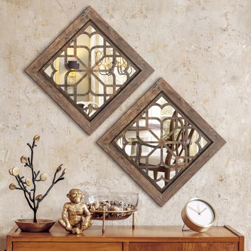 HMANGE Boho Wall Mirror Decor, Set of 2 Rustic Farmhouse