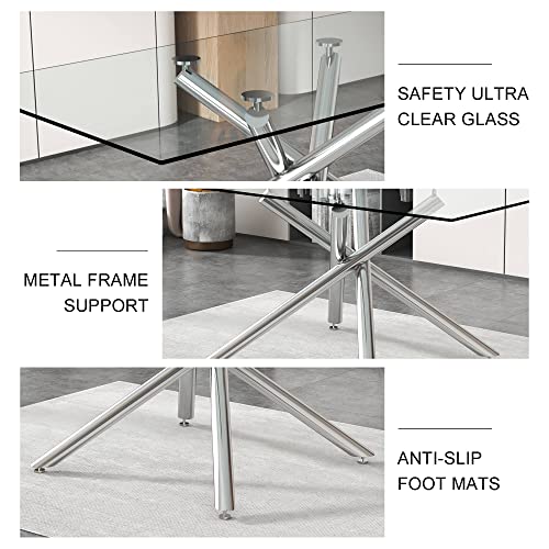 63 Inch Glass Dining Table For 6, Silver Legs Rectangular Glass Kitchen Table, Glass Top Dining Table For 4-6 Persons Table Furniture For Home Office Kitchen Dining Room #TOP4