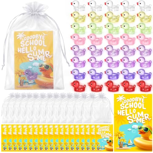 Colingmill 30 Set End of School Year Gift Bulk Goodbye School Hello Summer Resin Ducks with Card Last Day Party Supplies, Mini Duckies for Graduation Pool Beach Party Pocket Favors