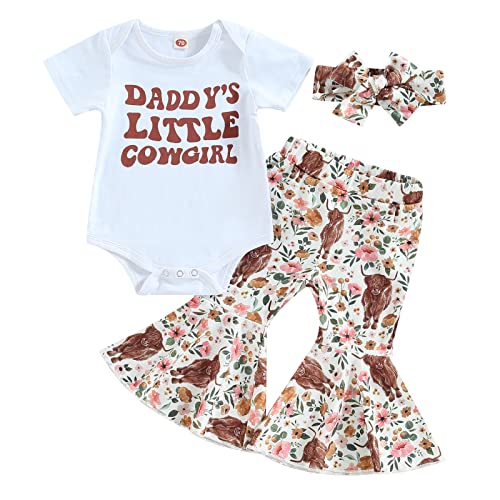 Image of Lamuusaa Western Baby Girl Clothes Short Sleeve Romper Cow Print Flared Pants Bell Bottoms Headband 3Pcs Summer Outfit