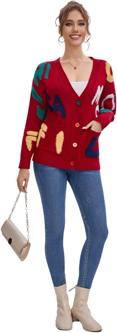 Women's Sheep Embroidered Sweater V-Neck Cardigan – Cable Knit Open Front Coat with Rainbow Buttons Sweater Coat Outwear - Image 4