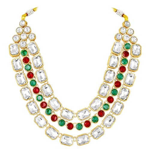 Image of Peora Crystal Studded Gold Plated Layered Long Necklace & Dangle Earring Jewellery Set for Women & Girls