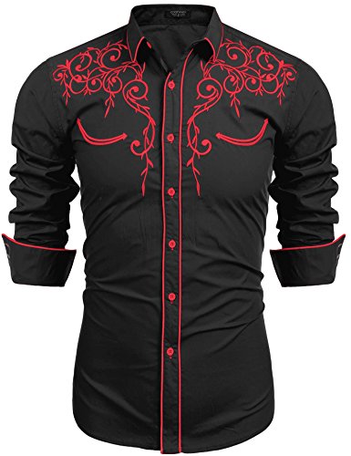 COOFANDY Men's Long Sleeve Shirt Embroidery Slim Fit Casual Button Down Shirt, 01-red&black, Large