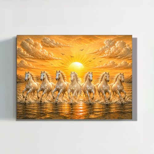 Image of PAINTINGMANTRA 7 White Running Horses Canvas Wall Art Painting For Living Room|Seven Running Horses Vastu Stretched Canvas Painting For Bed Room, Home & Office, 16x22 Inch