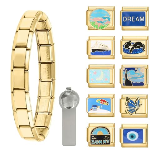 papasgix Italian Charm Bracelet Charms Set Charm Brascelets 9mm Assorted Italian Charms Bracelet Links Handmade DIY Jewelry Gifts(Gold Blue) - Main Image