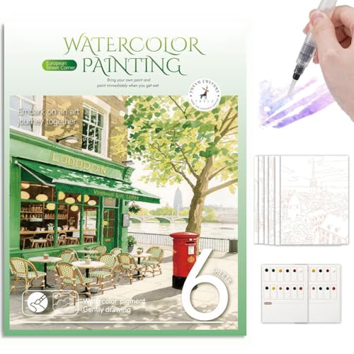 MANASUGUR Kit Acuarela para Adultos – Set Portátil con Libro de Colorear por Números, 12 Colores Vibrantes Libro para Colorear Acuarela Blocs y Cuadernos de Dibujo