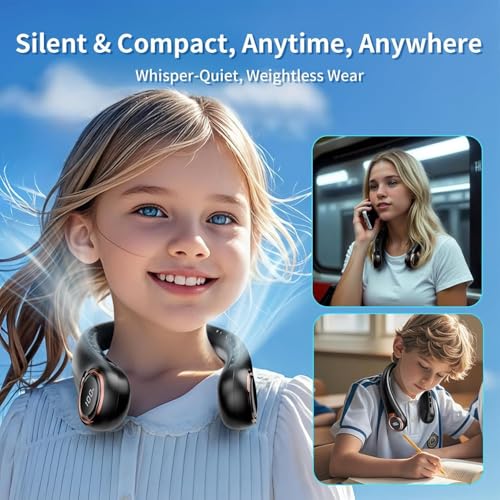 Image of Portable Neck Fan with 6000mAh USB - Rechargeable Battery, Ultra-Light Bladeless Neck Fan LED Display, 360 Cooling Wearable Fan, 3 Speeds (Black)