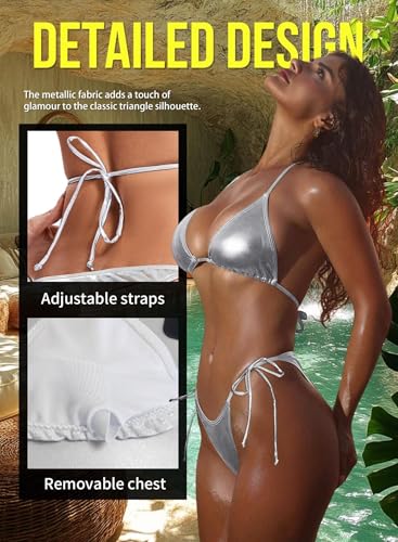 Metallic String Bikini for Women - Sexy Beach Glitter Swimsuits Bathing Suit Triangle Tops Side Tie Thong Bottom Set3
