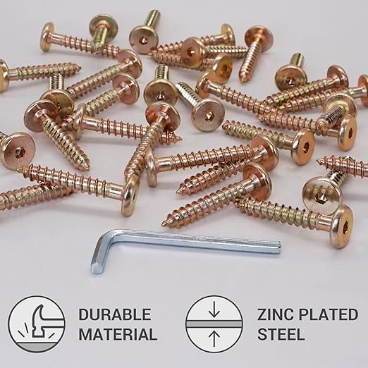 (Pack of 10) Yellow Zinc Plated Hex Socket Head Furniture Connector Bolts 1/4" x 1-9/16" (6.5 x 40 mm), Flat Head Furniture Bolts for Wood, with Hex Key Included