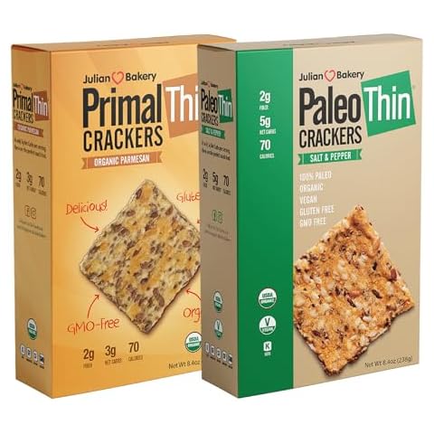 Julian Bakery Paleo & Primal Thin Crackers | Salt & Pepper & Parmesan | USDA Organic | Gluten-Free | Grain-Free | GMO Free | Low Carb | Variety 2 Pack Cover