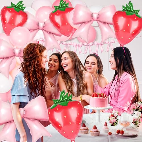 Image of Kriyokiaa 9 PCS Pink Bow and Red Strawberry Foil Balloons for Strawberry Birthday Decorations, Pink Bow Birthday Decorations, Berry First Birthday and Berry Sweet Girl Baby Shower Party Decor