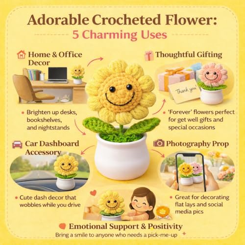 Image of 13CM Height Handmade Crochet Smiling Flower Pot for Home & Office Decor, Cute Aesthetic Desk Showpiece, Positive Vibes Table Decor, Thoughtful Gift for Friends & Loved Ones (Light Yellow)