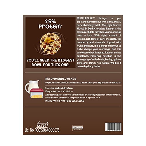 Image of MuscleBlaze High Protein Muesli 1.4 kg, Dark Chocolate & Cranberry, 18 g Protein, with Superseeds, Raisins & Almond, Protein Breakfast Cereals (Combo Pack)