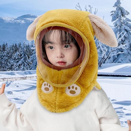 Kids Winter Hat with Removable Face Mask Hooded Face Cover for Hiking Children Boys Girls Outdoor- Medium Rabbit Ears Yellow2