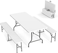VINGLI 6FT Folding Picnic Table Set with 2 Benches - Durable HDPE 3-Piece Outdoor Indoor Camping Table Chairs, White