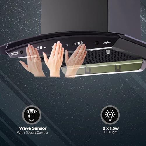 Image of Kutchina Brezza 90 Filterless Autoclean Chimney for Kitchen | Intelligent Auto Clean | 1200 m /hr Suction | Touch Control + Wave Sensor | Oil Collector | Warranty 9yrs on Motor, 5yr on Product