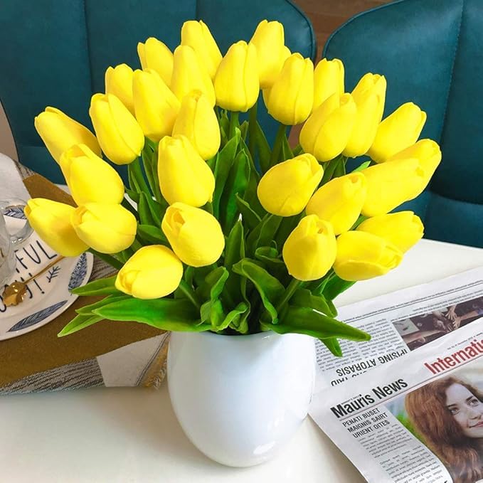 Image of CosaCentrum Beautiful Decorative Artificial Tulip Flower Bunches for Home decor (Yellow, Pack of 5)