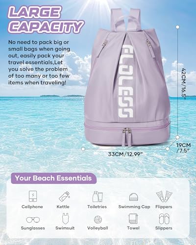 Image of Gym Backpack for Women with Shoe Compartment, Sport Backpack Casual Daypack for Girls, Small Cheer Bag Outdoor Leisure with Toiletry Bag, Purple