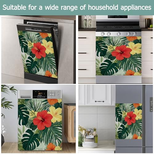 Image of Tropical Flowers Dishwasher Covers for The Front Magnetic,Summer Palm Leaves Refrigerator Magnets Decoration,Reusable Dishwasher Cover Panel for Home Kitchen Decor 23x26 Inch