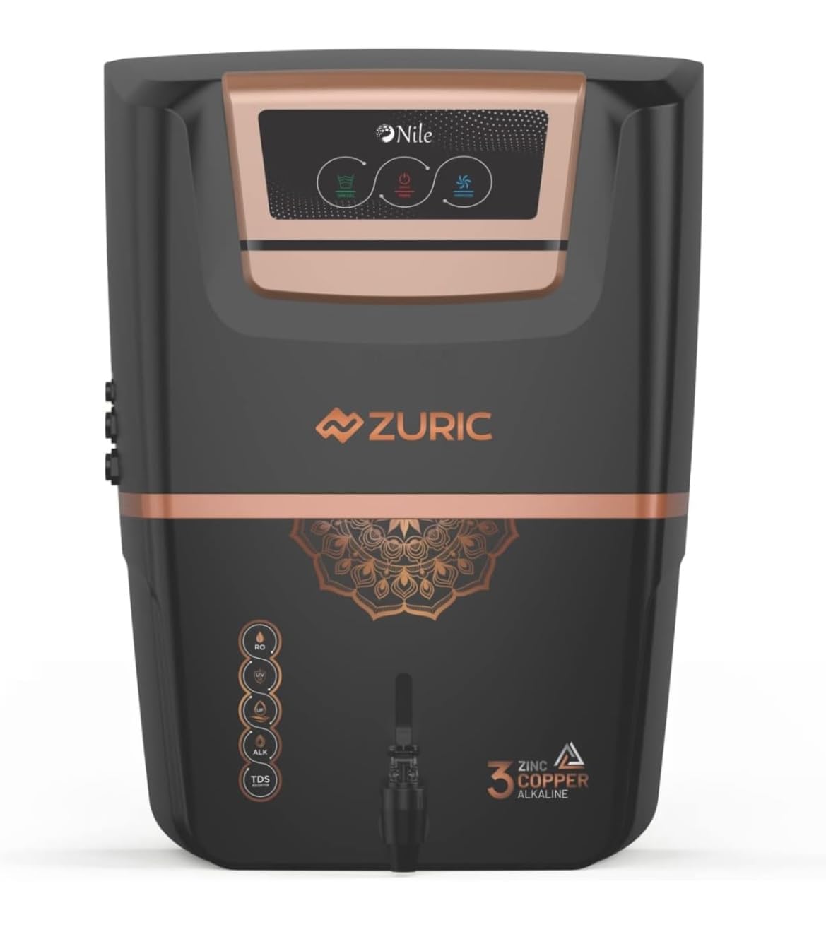Aqua Zuric Ro water Purifier RO + TDS Controller+Active Copper+Alkaline+Zinc Best Premium For home & Office 12 ltr With led Display (Full Black)-image-3