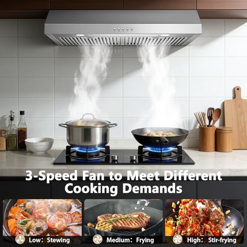 Image of Under Cabinet Range Hood 30 inch, Stainless Steel Kitchen Hood 800CFM, Stove Hood with Push Button Control, Baffle Filters, Ducted /Ductless Convertible Duct
