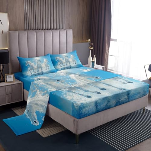 Loussiesd Juego de ropa de cama de caballo para niños y niñas, juego de sábanas de doble caballo galopante, ultra suave, con bonito diseño de animales, sábanas bajeras de bolsillo profundo, juego de