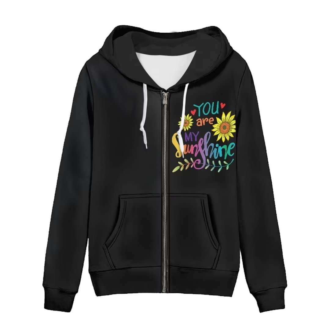 Felpa con cappuccio da donna con tasca con cerniera, mandala, boho, tribale, stampa leopardata morbida casual, Girasoli, XL